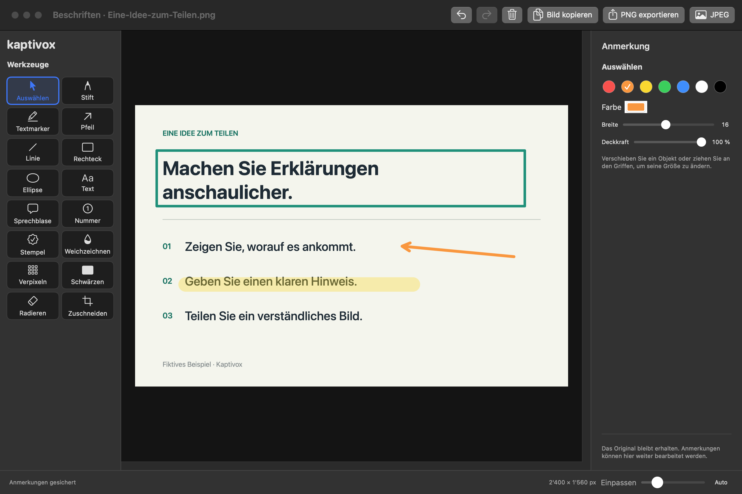 Der echte Kaptivox-Editor: Zeichenwerkzeuge, Rahmen, Pfeil und Hervorhebung in einem Beispieldokument.