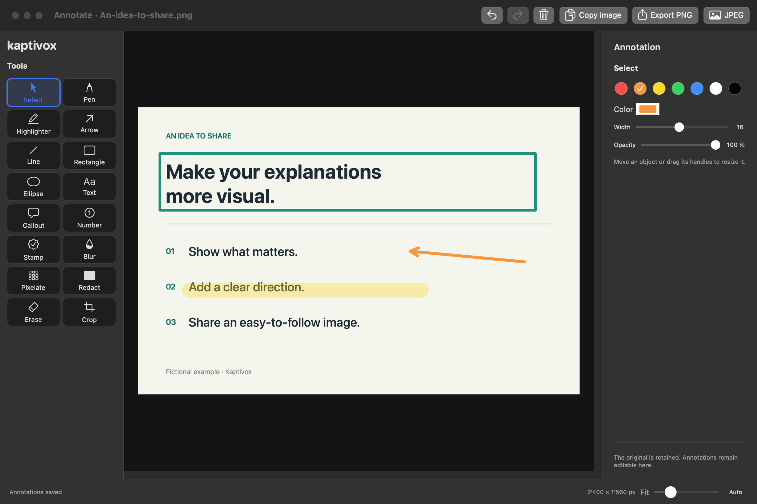 The actual Kaptivox editor: drawing tools, a frame, an arrow and highlighting on a sample document.