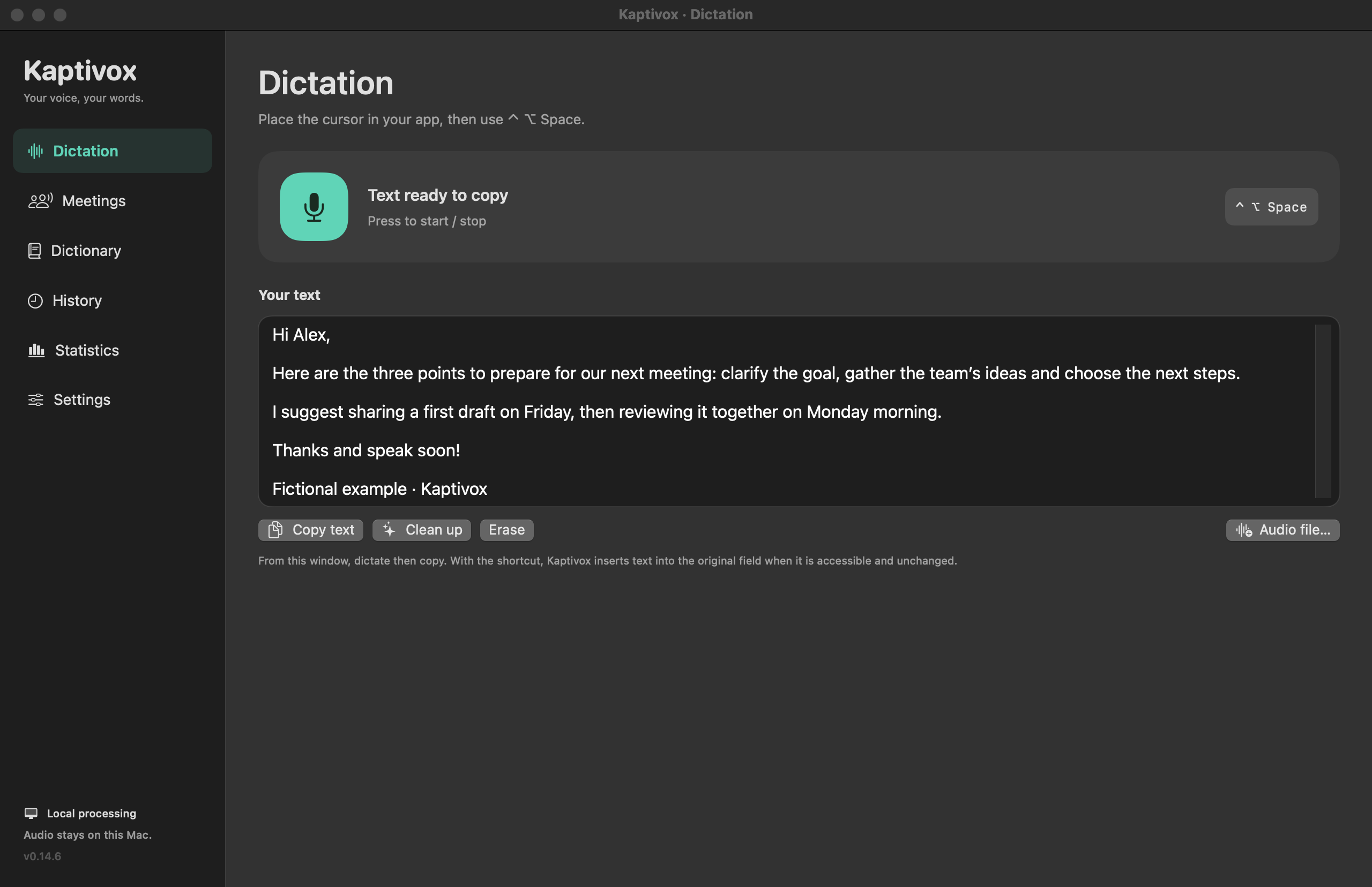 Kaptivox dictation interface with sample text and the Copy text, Clean up and Audio file controls.