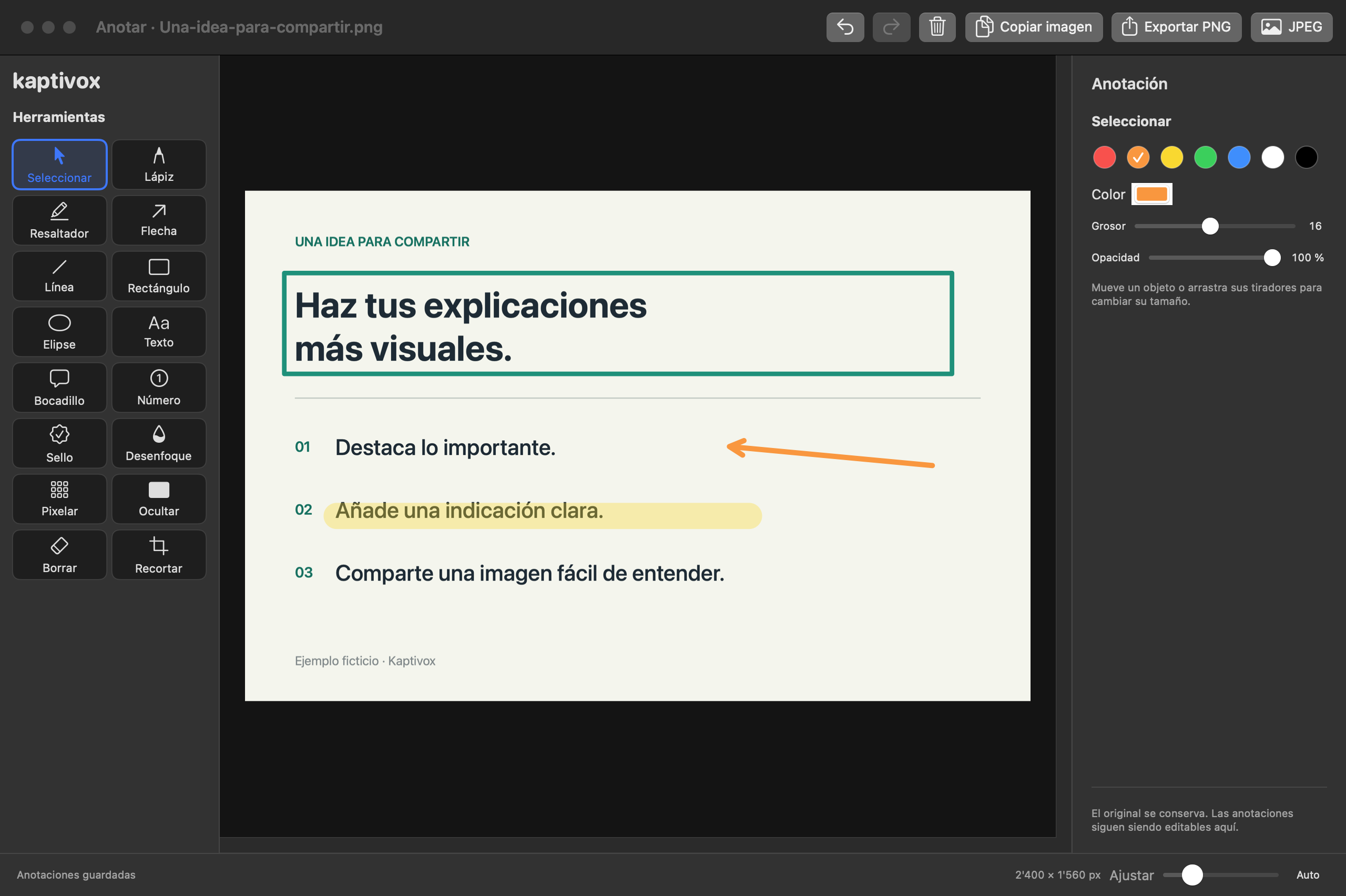 Editor real de Kaptivox: herramientas de dibujo, marco, flecha y resaltado sobre un documento de demostración.