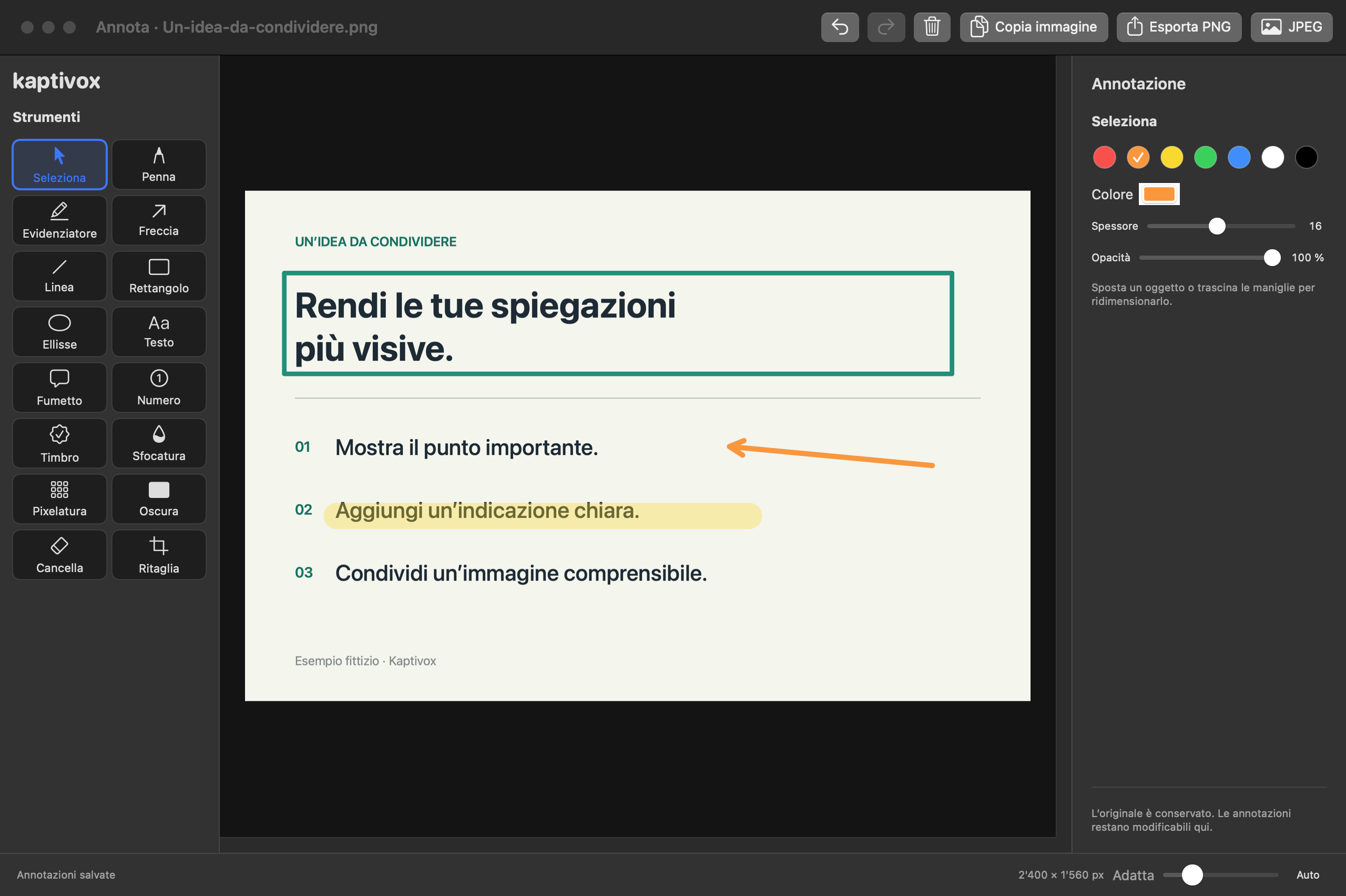 Editor reale di Kaptivox: strumenti di disegno, riquadro, freccia ed evidenziazione su un documento dimostrativo.