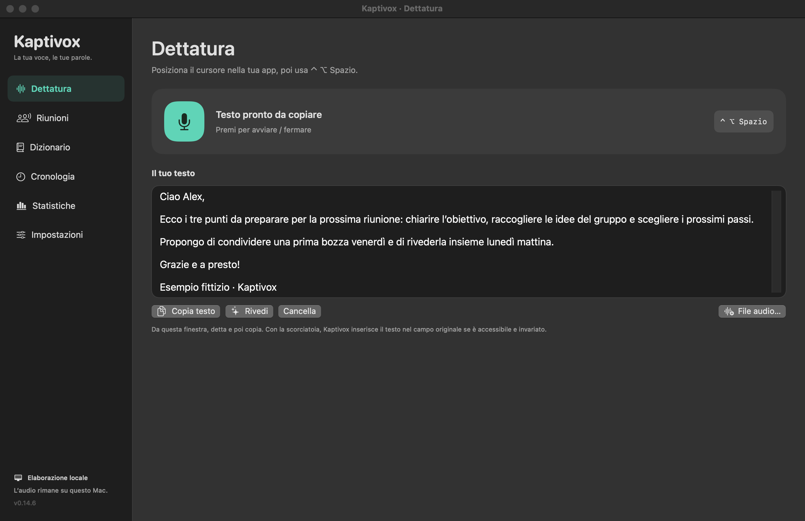 Interfaccia di dettatura di Kaptivox con un testo di esempio e i comandi Copia testo, Rivedi e File audio.