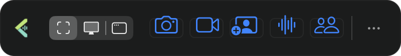 Palette native Kaptivox : zone, écran, fenêtre, image, vidéo, présentation, dictée, réunions et autres actions.